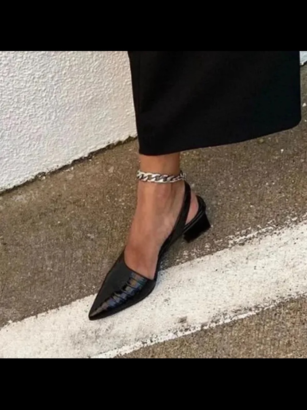 Pointed Black Slingback Low Heel Pumps